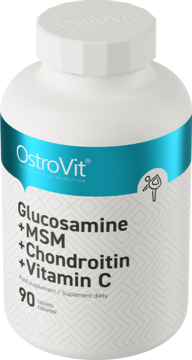 Biała butelka OstroVit Glucosamine + MSM + Chondroitin + Vitamin C, z niebieskim paskiem, 90 tabletek, widok z przodu.