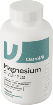 Biała butelka OstroVit Magnesium Glycinate 400 mg, 90 kapsułek, widok z przodu pod kątem, zielone akcenty.