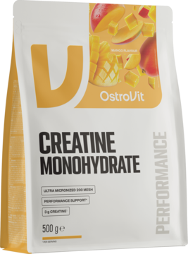 OstroVit Monohydrat Kreatyny 500g mango. Biała torebka Performance z żółtym 'U', widok z przodu pod kątem.