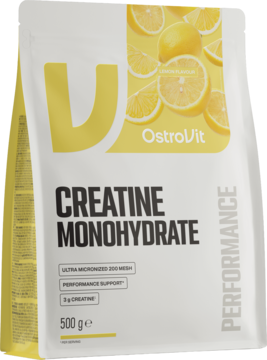 OstroVit Monohydrat Kreatyny, cytrynowy, w stojącej białej torebce 500g z żółtym akcentem i cytrynami, widok z przodu.