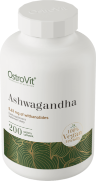 OstroVit Ashwagandha VEGE, biała butelka 200 tabletek, etykieta z zielono-złotym wzorem, widok z przodu.