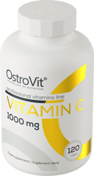 Biała butelka OstroVit Witamina C 1000 mg, 120 kapsułek, z żółtym napisem, widok z przodu pod kątem.