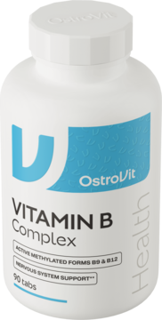 Biała butelka OstroVit Vitamin B Complex 90 tabs, front z niebieskim logo i opisem aktywnych form B9 i B12.