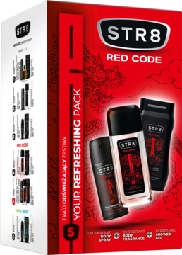 Czerwono-biały zestaw prezentowy STR8 Red Code z dezodorantem i żelem pod prysznic. Widoczne 3 produkty w pudełku.