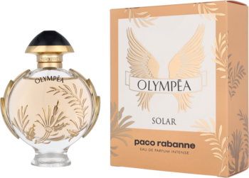 Paco Rabanne Olympea Solar: złota butelka perfum z czarnym korkiem i motywem liści, obok beżowy kartonik ze skrzydłami.