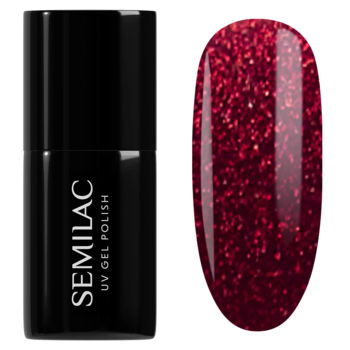Semilac UV Gel Polish 955 Holly Berry Red: czarna butelka i głęboki czerwony swatch z magnetycznym brokatem.