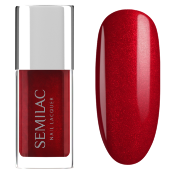 Semilac 125 Shiny Red lakier do paznokci, butelka i swatch. Głęboka perłowa czerwień, widok z przodu.