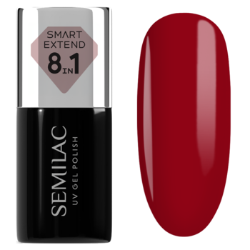 Semilac Smart Extend 8w1 lakier hybrydowy UV w czarnej butelce i próbka głębokiej czerwieni obok, widok z przodu.