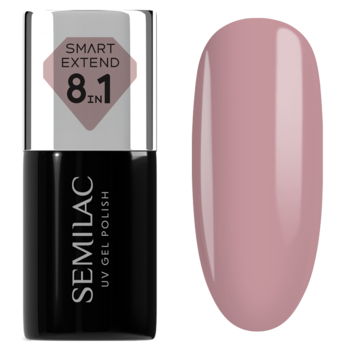 Butelka Semilac Smart Extend 8.1 UV Gel Polish i próbnik jasnobrzoskwiniowego, półkrywającego lakieru.