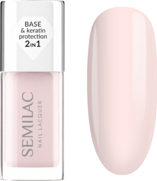 Semilac Plant Keratin Sticky Base w mlecznoróżowej butelce z napisem '2in1 Base & Keratin', obok wzornika.