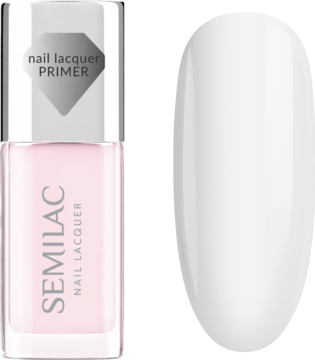 Semilac Plant Keratin Sticky Base, baza do lakierów, różowa butelka, obok biały swatch, na czarnym tle.