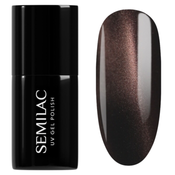 Semilac 965 Chocolate Gloss UV lakier magnetyczny, ciemny brąz ze złotym pyłkiem, aksamitny połysk, butelka i swatch.