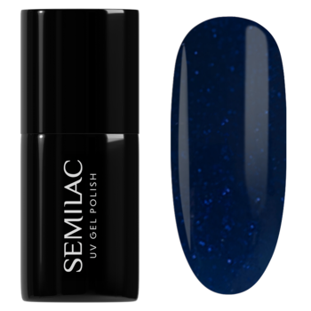 Semilac 1001 Bright Night UV gel polish. Obok czarnej butelki widoczny próbnik w głębokim granatowym kolorze z brokatem.