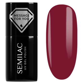 Semilac 737 Beet the Look, lakier hybrydowy o barwie karmazynowej czerwieni, butelka i swatch na białym tle.