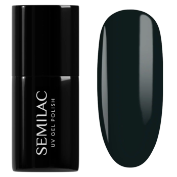 Semilac UV Gel Polish Jelly Green: czarna butelka i swatch z głęboką, błyszczącą, półtransparentną ciemną zielenią.