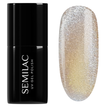 Semilac 1000 Golden Mist UV gel: czarna butelka i złoto-srebrny, magnetyczny swatch cat eye.