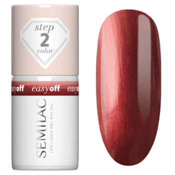 Butelka L22 Semilac Easy Off LED Light Russet Red i swatch. Rdzawo-czerwony lakier z perłowym efektem cat-eye.