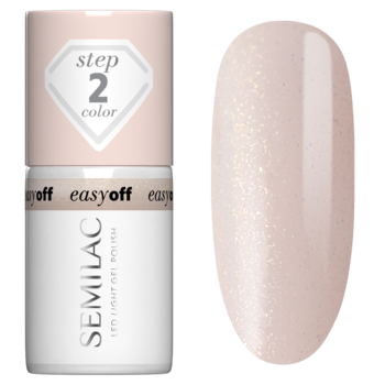 Lakier Semilac EASY OFF LED LIGHT Milky Dust, butelka i swatch lśniącego, półtransparentnego różu.