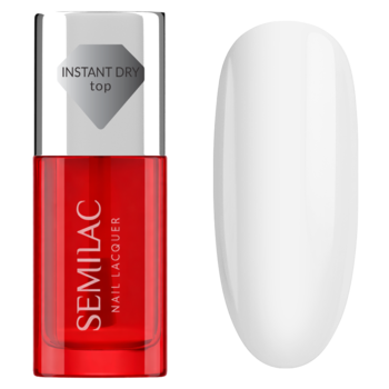 Semilac Top Instant Dry do lakierów, czerwona butelka z etykietą i srebrną nakrętką, obok biały wzornik paznokcia.