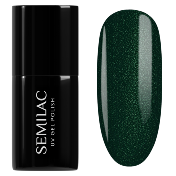Semilac 1003 Holiday Glitter, butelka i swatch lakieru UV. Głęboka, butelkowa zieleń z zielono-złotym brokatem.