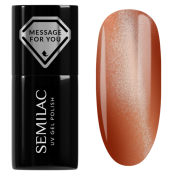 Semilac 734 Toffee Jelly Gloss: czarna butelka i paznokieć z rdzawym, magnetycznym lakierem Jelly Gloss.