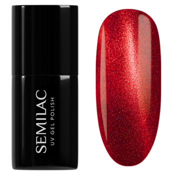 Semilac 1006 Candy Cane Flame UV gel polish: czarna butelka i swatch z intensywnym czerwonym efektem cat eye.