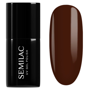 Semilac UV gel polish Hot Chocolate: czarna butelka i obok błyszcząca próbka ciemnobrązowego lakieru.