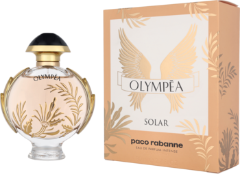 Paco Rabanne Olympéa Solar, butelka perfum ze złotym dekorem liści, obok beżowe pudełko ze złotymi skrzydłami.