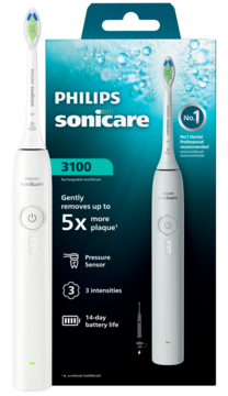Biała elektryczna szczoteczka Philips Sonicare 3100, widok z przodu w tealowym opakowaniu, usuwa 5x więcej płytki.