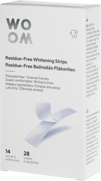Białe pudełko Woom Residue-Free Whitening Strips, 28 sztuk, z wizerunkiem dwóch pasków, widok z przodu.