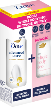 Super oferta Dove: antyperspirant Advanced Care 72h i Whole Body Deo do ciała, pach i stóp. Biały zestaw.