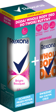 Zestaw Rexona: roll-on Bright Bouquet i spray Whole Body Deo w tealowo-fioletowym pudełku, widok z przodu.