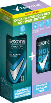 Zestaw Rexona Men z antyperspirantem 72H i Whole Body Deo, turkusowo-fioletowe pudełko z napisem Super Oferta, widok z przodu.