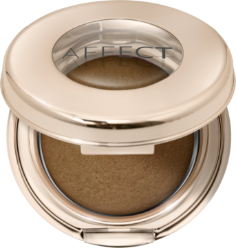 Wypiekany bronzer Affect x Ruda Maluje Brownie, odcień kakao, okrągłe złote opakowanie otwarte z pudrem.