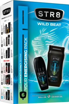 Zestaw prezentowy STR8 Wild Beat dla mężczyzn: dezodorant w kulce i żel pod prysznic. Niebiesko-czarne opakowanie z motywem tygrysa.