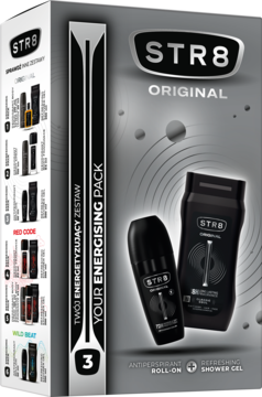 Zestaw STR8 Original dla mężczyzn: czarny antyperspirant roll-on i żel pod prysznic w szarym pudełku.