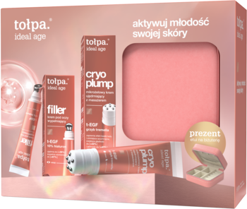 Różowy zestaw kosmetyczny Tołpa Ideal Age Cryo Plump i Filler z kremem do masażu i szkatułką.