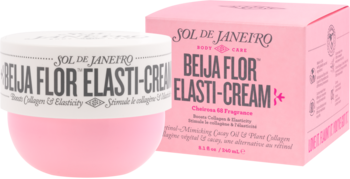 Krem do ciała Sol de Janeiro Beija Flor Elasti-Cream w różowym słoiku z białą nakrętką i pasującym pudełku.