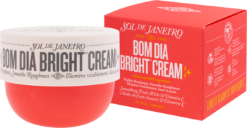 Sol de Janeiro Bom Dia Bright Cream, krem do ciała w czerwono-białym słoiku i pudełku, widok z przodu.