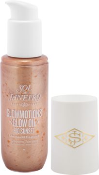 Sol de Janeiro Glowmotions Rio Sunset lśniący olejek do ciała w butelce z pompką, obok biała nakładka.