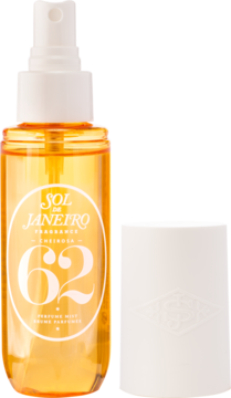Sol de Janeiro Fragrance Mist 62 Cheirosa, bursztynowa butelka ze spryskiwaczem, obok biała nakrętka.