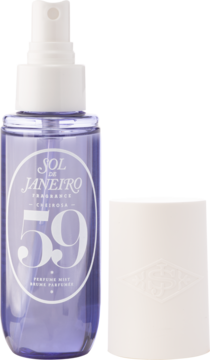 Mgiełka perfumowana Sol de Janeiro 59 w fioletowej butelce, widok z przodu, biała zakrętka obok.