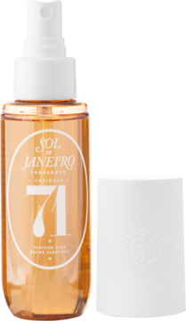 Mgiełka perfumowana Sol de Janeiro Cheirosa '71, bursztynowa butelka z białym atomizerem, z boku biała nakrętka.