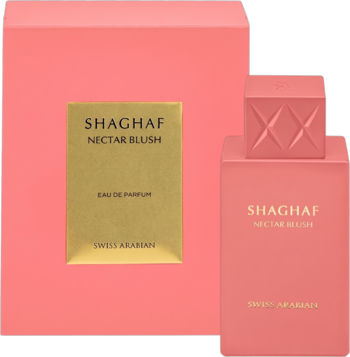 Woda perfumowana Swiss Arabian Shaghaf Nectar Blush, butelka i pudełko w kolorze koralowym, widok z przodu.