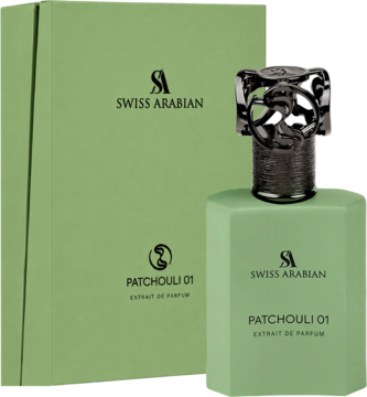 Matowy zielony Swiss Arabian Patchouli 01 Extrait de Parfum w butelce i otwartym pudełku, widok z przodu.