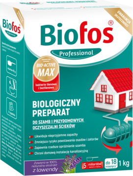 Biofos Professional preparat biologiczny do szamb i oczyszczalni z lawendą, biało-zielone pudełko 1kg.