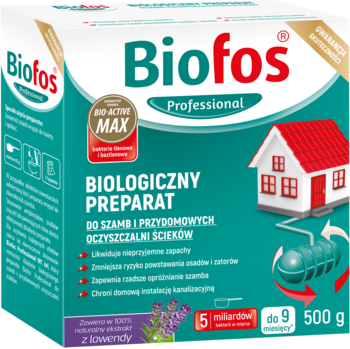 Biofos Professional biologiczny preparat do szamb z lawendą, opakowanie 500g, biało-zielone z domem.