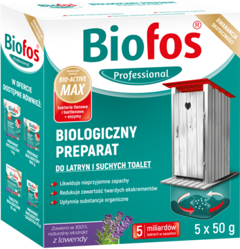 Opakowanie Biofos Professional: biologiczny preparat do latryn i toalet, z lawendą. Widok z przodu, z rysunkiem wychodka.