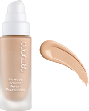 Matujący podkład Artdeco Perfect Matte Serum Foundation Natural Vanilla w butelce i próbka koloru obok.