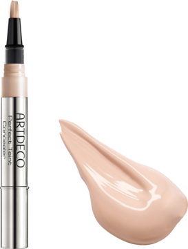 Rozświetlający korektor Artdeco Perfect Teint Concealer w odcieniu Light Peach, srebrny długopis z pędzelkiem i kremową próbką obok.
